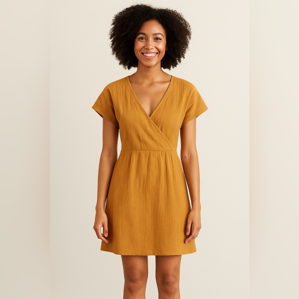 Madewell Mustard Yellow Wrap-Front Dress XS Cotton Short Sleeve